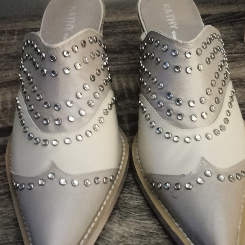 Women's Silver and White Studded Mules